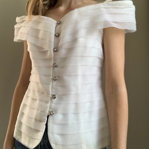 Vintage White Chiffon Button Up Off Shoulder Top